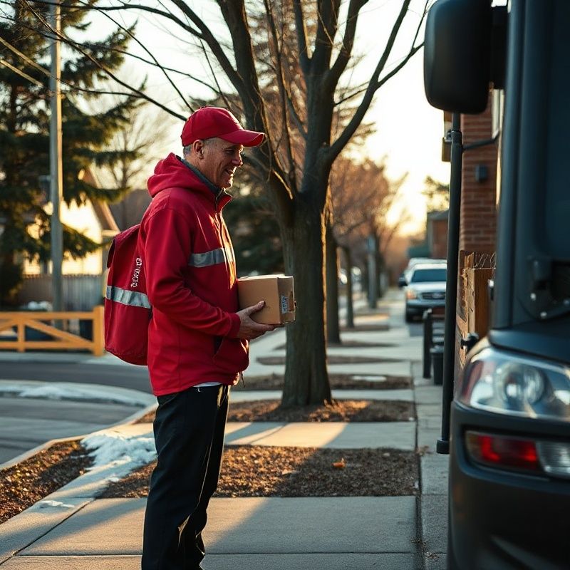 Delivery driver handing a package to a residential customer in a Calgary suburb
