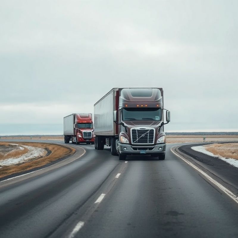 Long-haul transport trucks on a straight prairie highway in Alberta