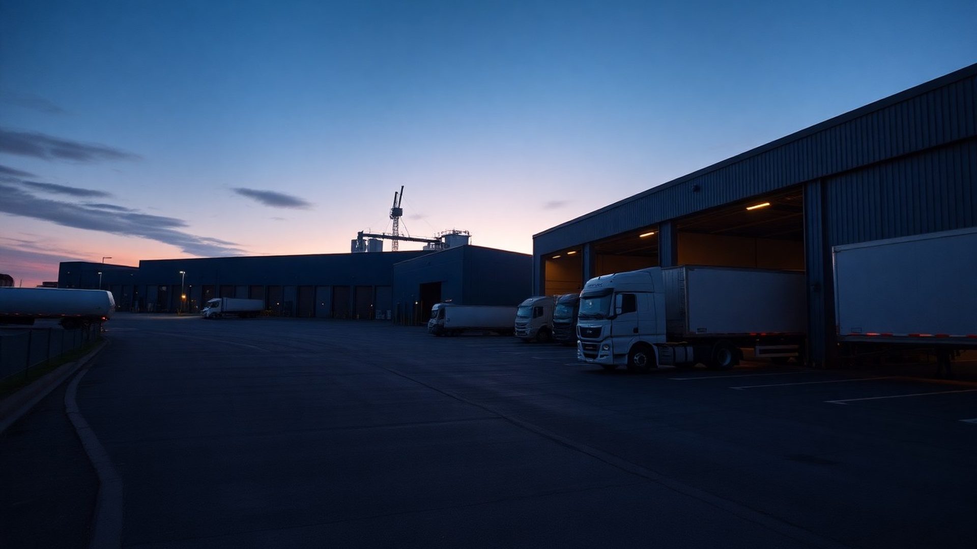 Calgary logistics hub at dawn with transport trucks on a loading dock