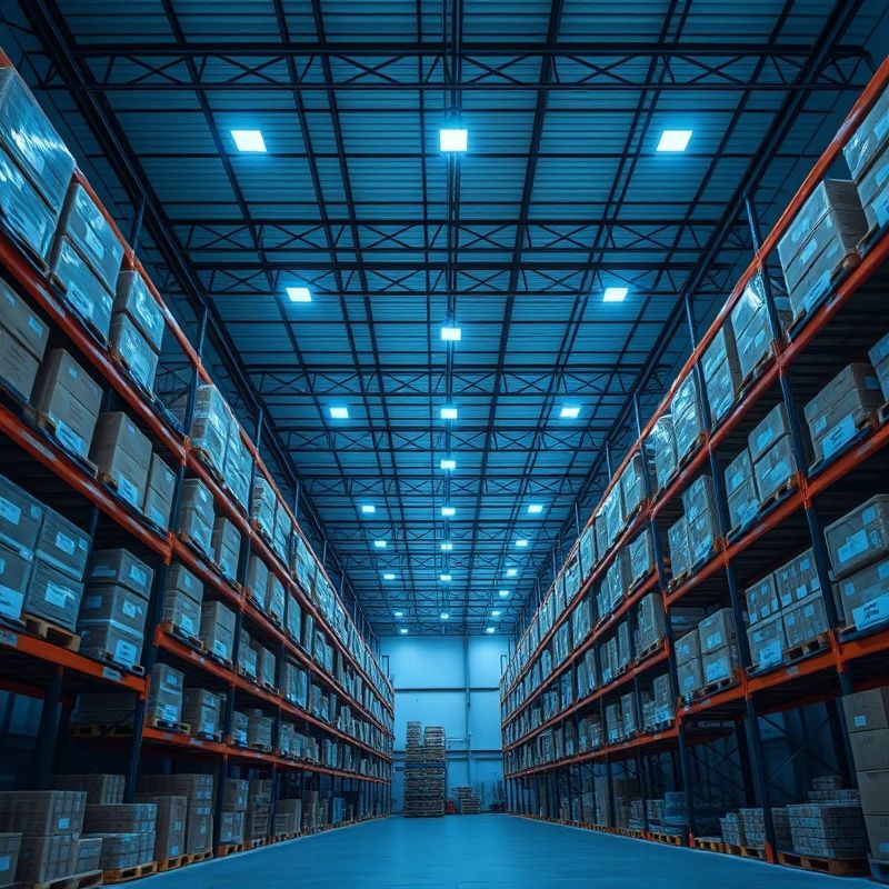 Interior of a Calgary warehouse with high-bay racking and indigo-tech LED lighting