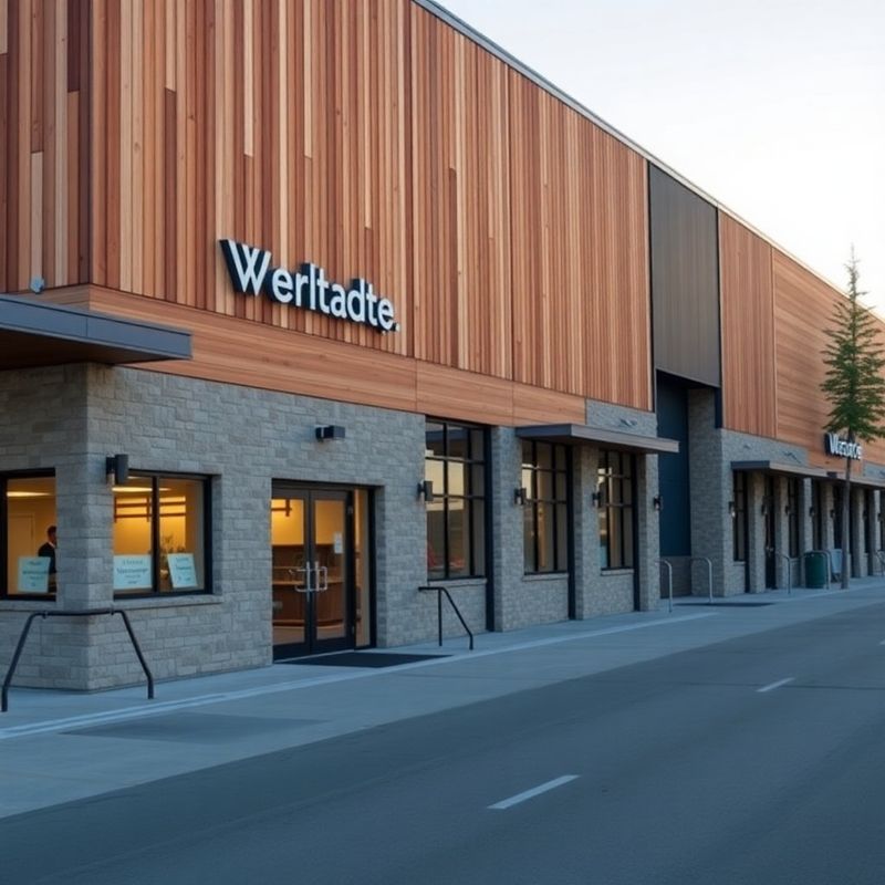 Modern Calgary warehouse facility exterior at golden hour